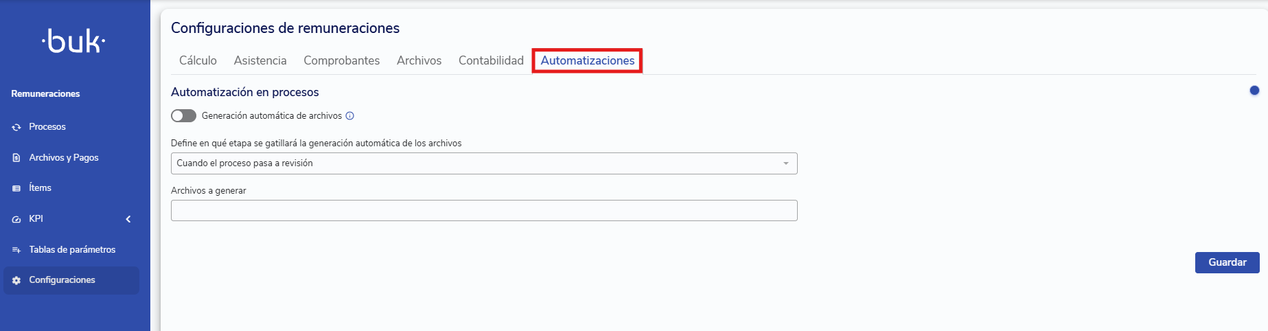 Opción Automatizaciones en la configuración de Remuneraciones