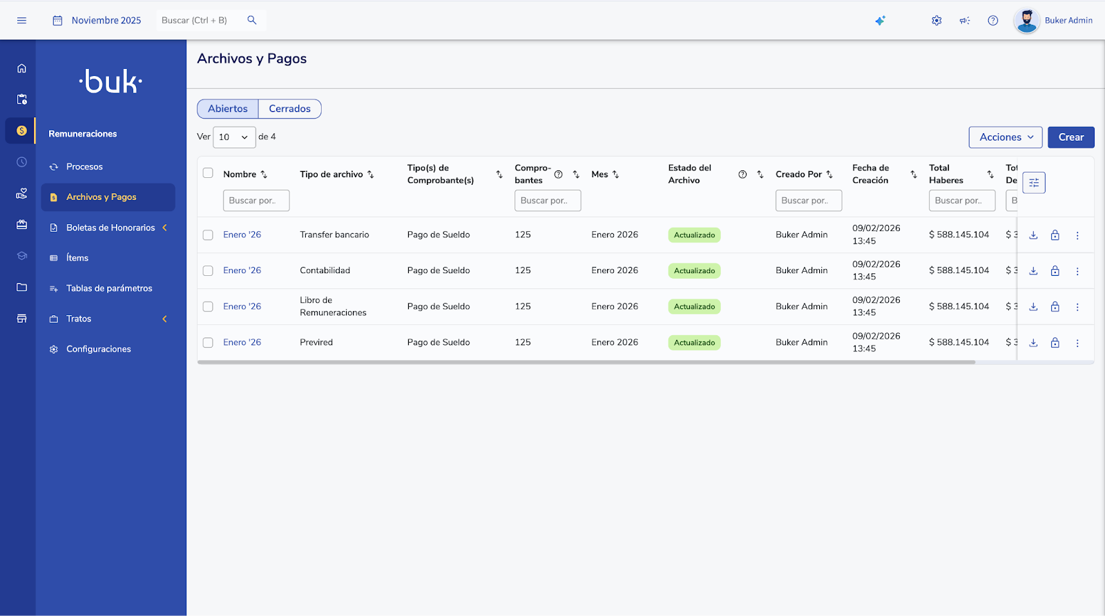 Módulo Archivos y Pagos con archivos generados listos para descargar