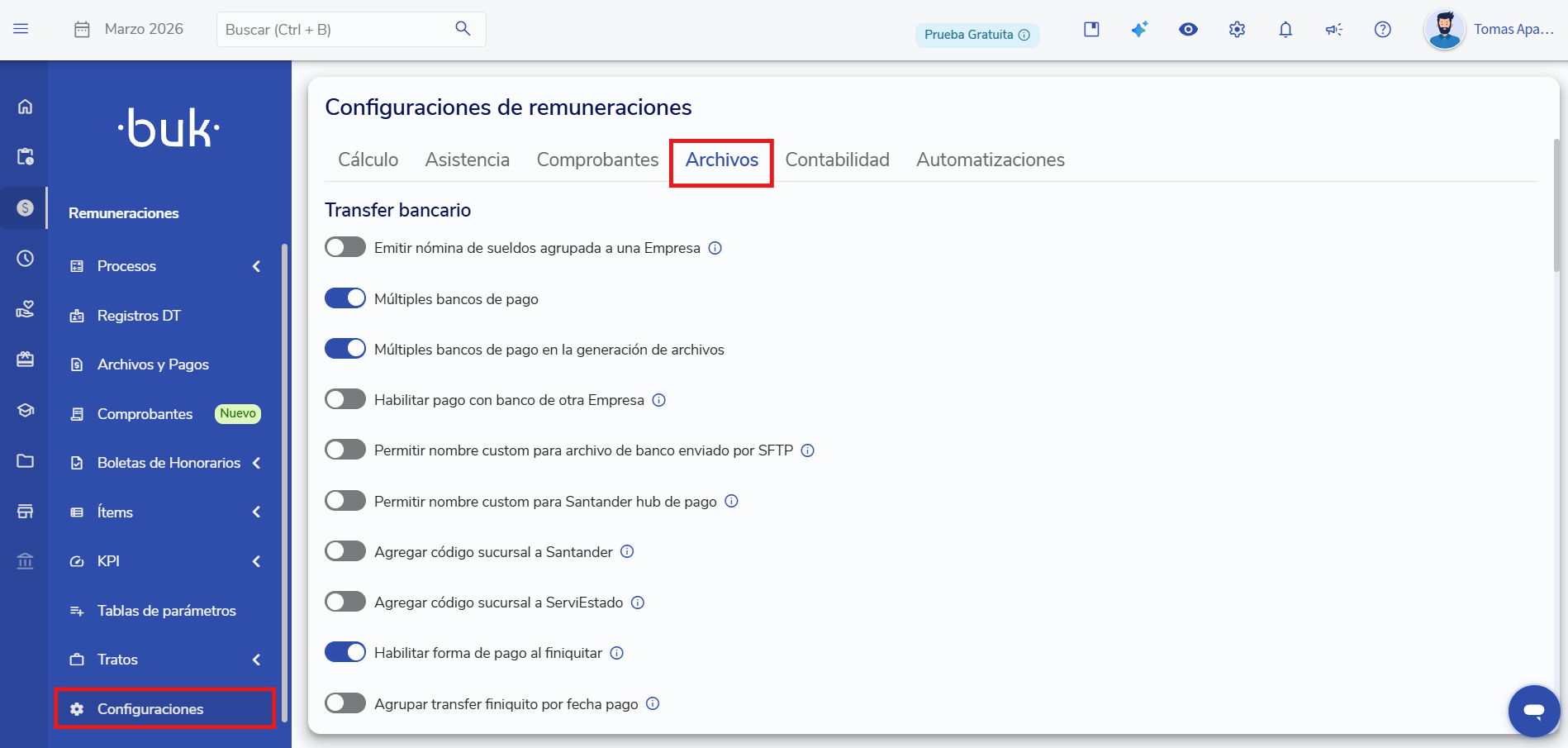 Tab Archivos en la configuración de Remuneraciones