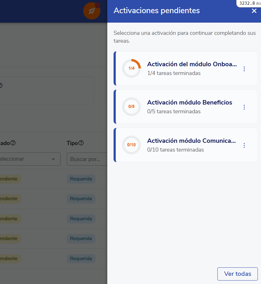 Panel de activaciones pendientes