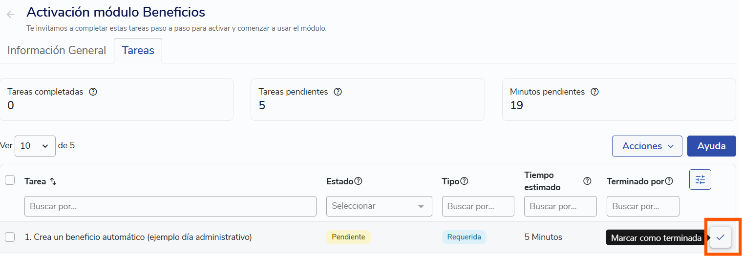 Como marcar como completada una tarea en la lista de activación